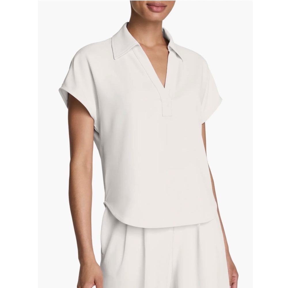 Spanx AirEssentials Short Sleeve Collared Tee Ivory V-Neck Top 22825R Small NEW